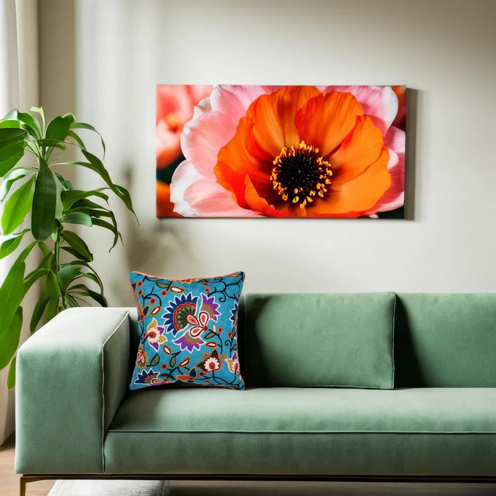 Turquoise Floral Pillow Cover Hand Embroidered Modern Design Wool 18x18