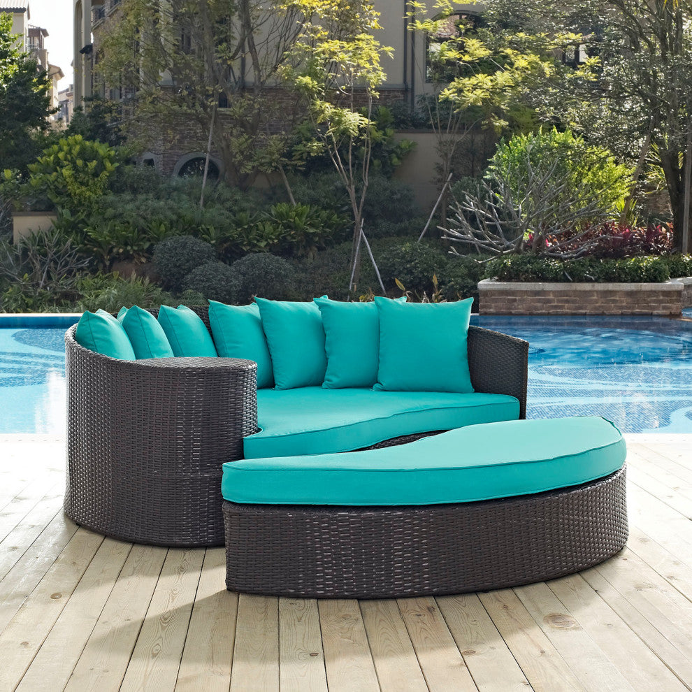 Convene Outdoor Wicker Rattan Daybed, Espresso Turquoise