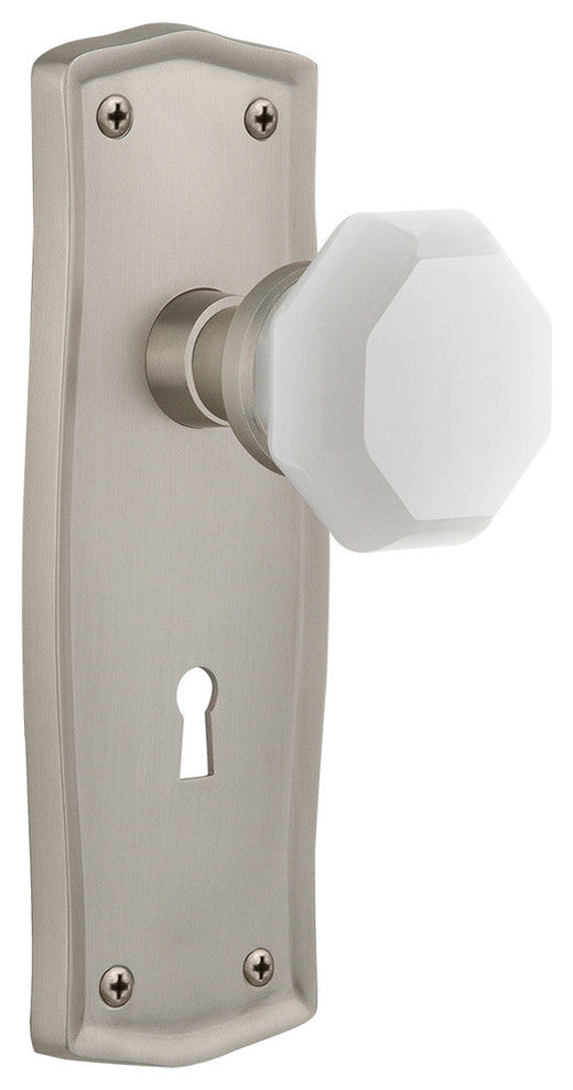 Prairie Plate with Keyhole Privacy Waldorf White Milk Glass Knob, Satin Nickel