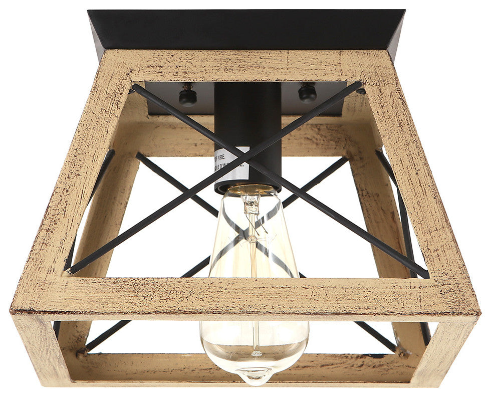 Farmhouse Rustic 1-Light Geometric Flush Mount, Brown