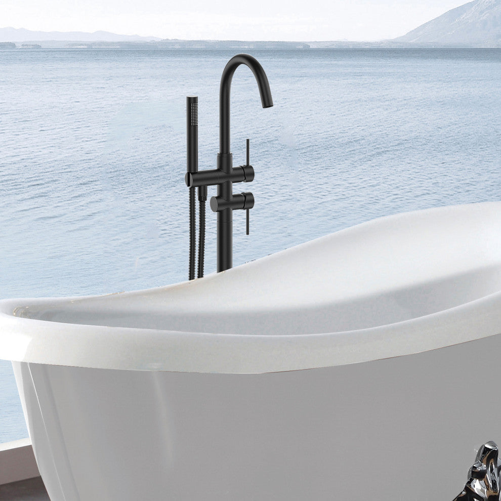 Floor Mounted Double Handle Bathtub Faucet, Handheld Shower, Matt Black