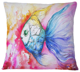 Blue Fish On Red Background Animal Throw Pillow, 18"x18"
