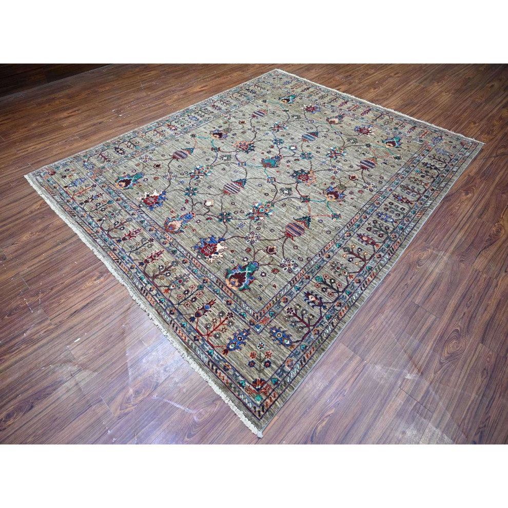 Carbon Gray Hand Knotted Sultani Pomegranate Design Wool Oriental Rug 7'9"x9'6"