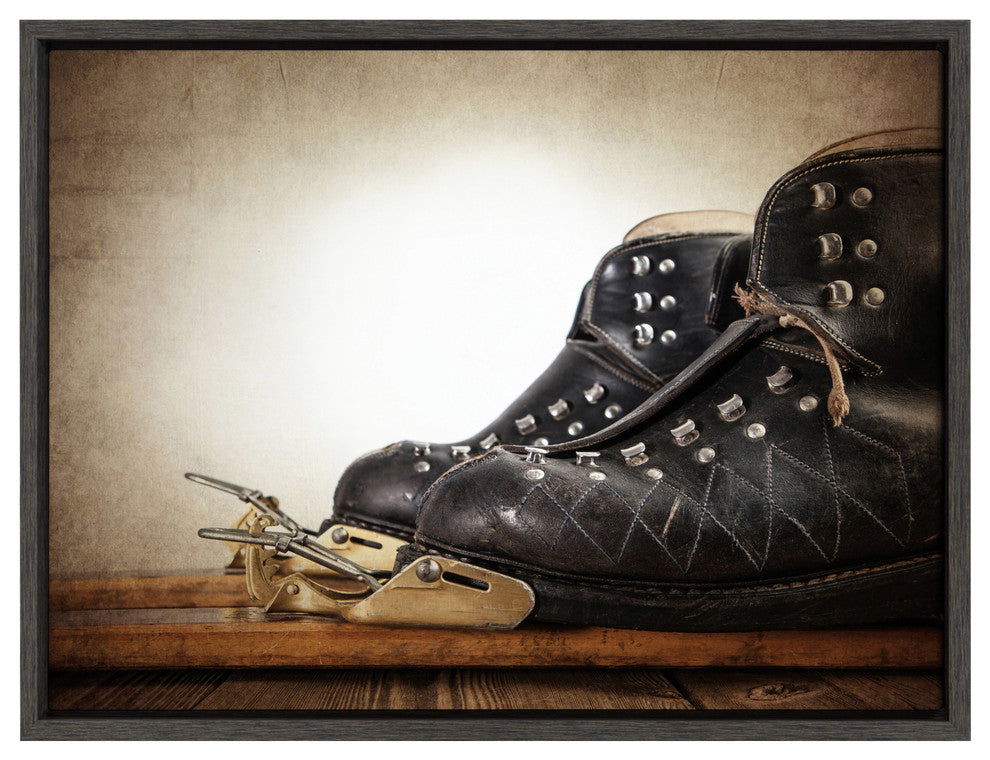 Sylvie Vintage Ski Boots Framed Canvas by Shawn St. Peter, Gray 18x24