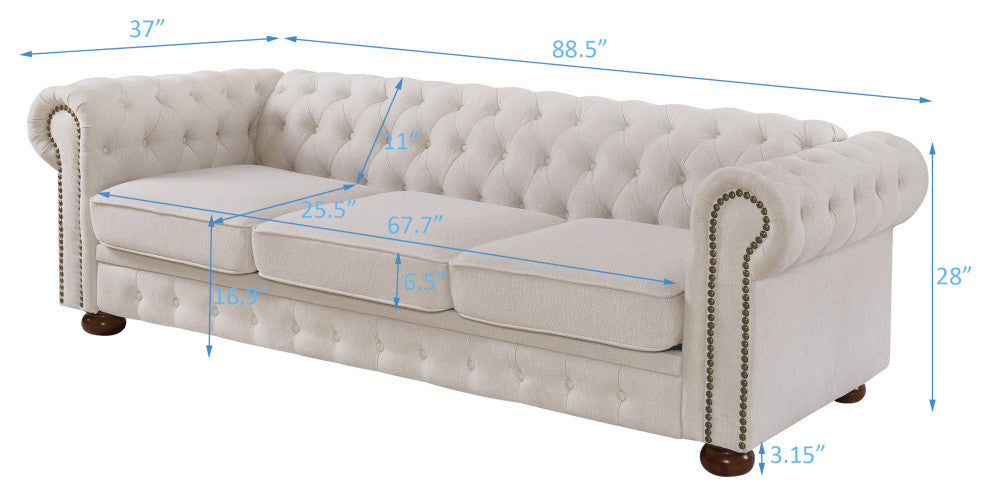 TATEUS linen fabric Chesterfield Large sofa Modern 3 Seater Couch  Beige