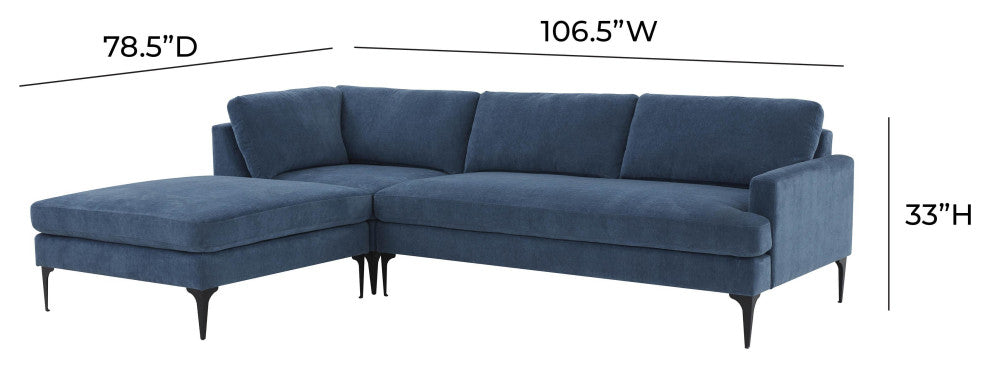 Serena Blue Velvet Left Arm Facing Chaise Sectional With Black Legs
