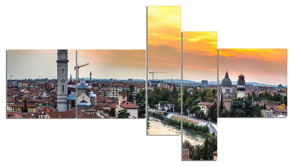 Verona at Sunset in Italy, Cityscape Canvas Art Print, 60"x32", 5 panels