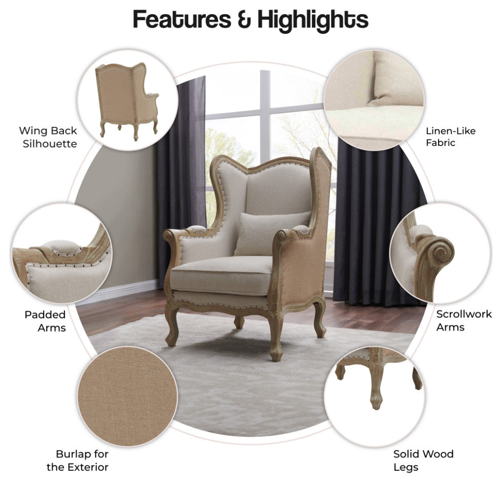 Guinevere Wingback Chair, Light Sand and Burlap