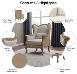 Guinevere Wingback Chair, Light Sand and Burlap