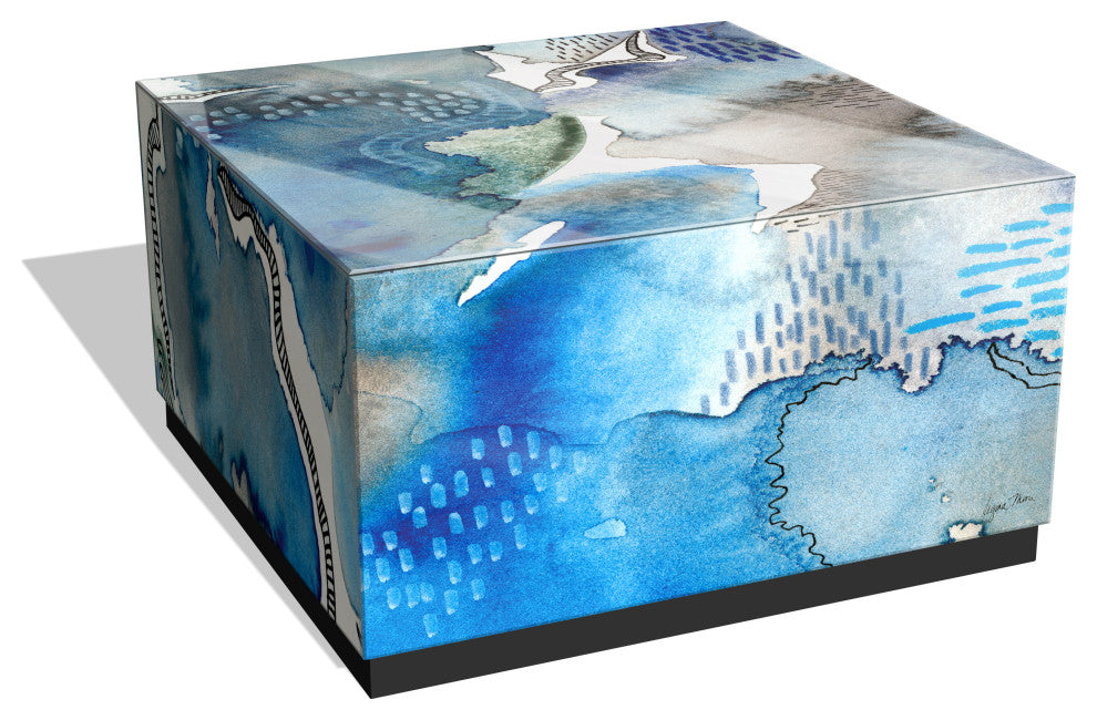 "Subtle Blues II"Reverse Printed Art Glass Cocktail Table with Black Plinth Base
