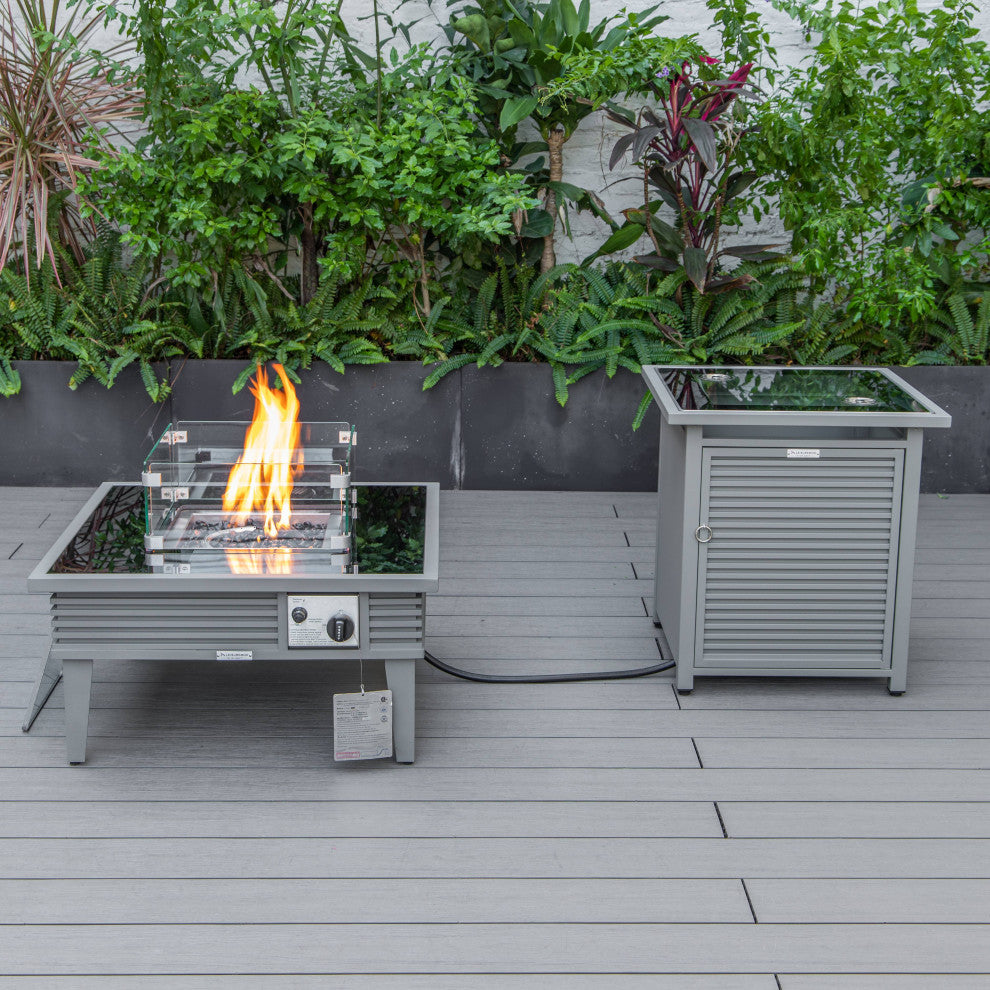 LeisureMod Walbrooke Square Fire Pit Table and Tank Holder With Slats, Gray