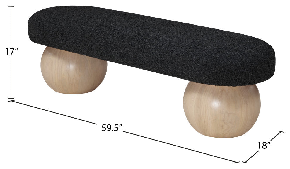 Meridian Furniture Bowie Boucle Fabric Upholstered Bench, Black, Natural Finish