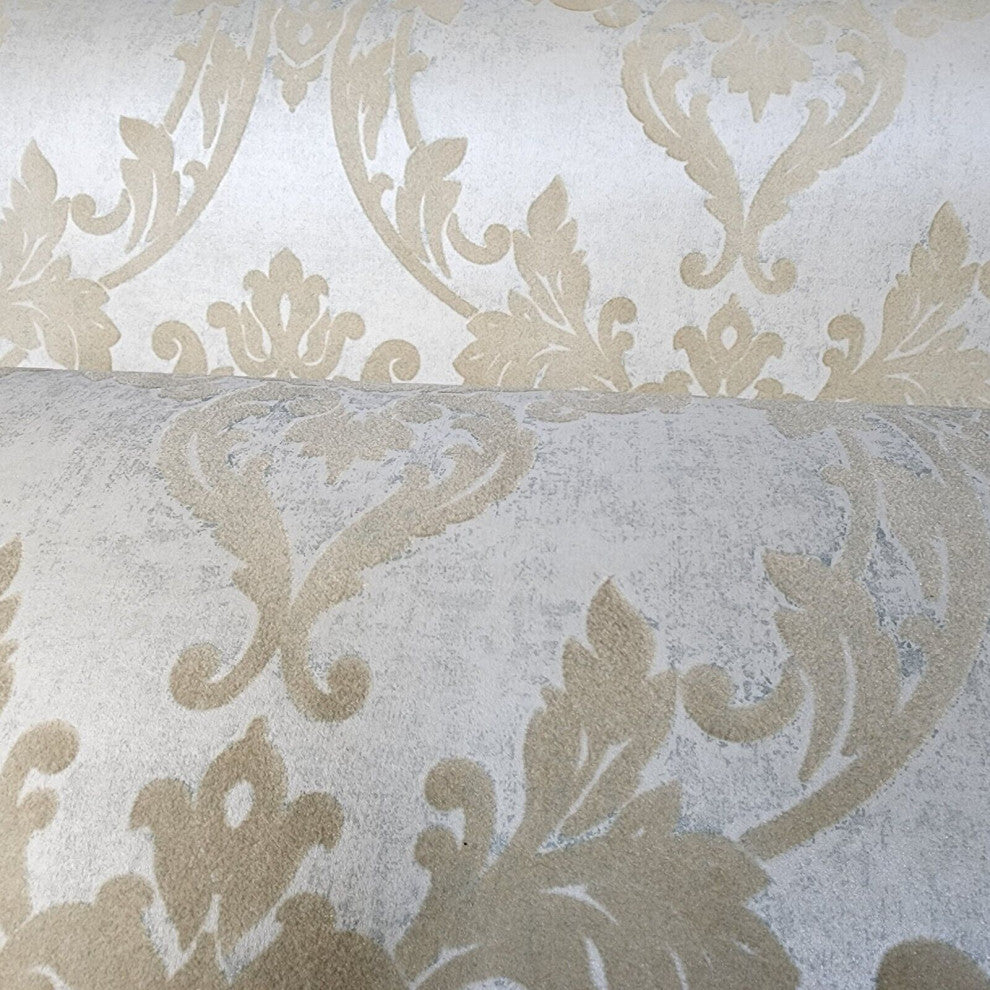 Wallpaper flocking rustic beige Flocked vintage damask velvet wallcoverings roll, Double Roll 57.4 Sq.ft