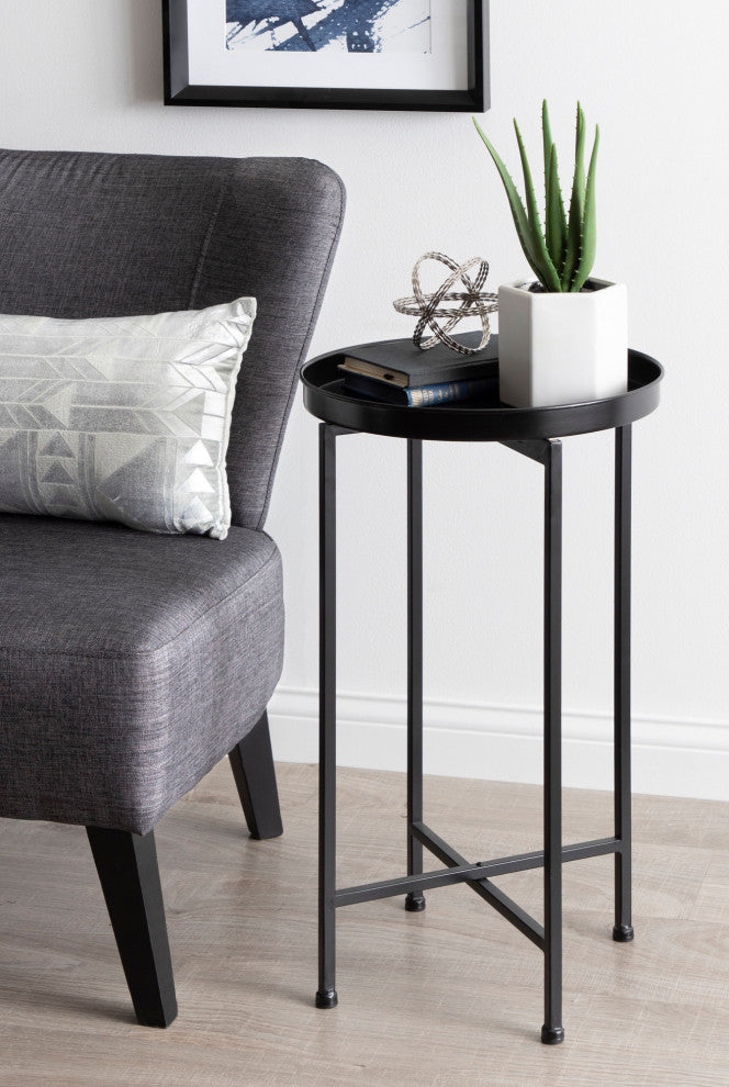 Celia Round Metal Foldable Tray Accent Table, Black 14x14x25.75