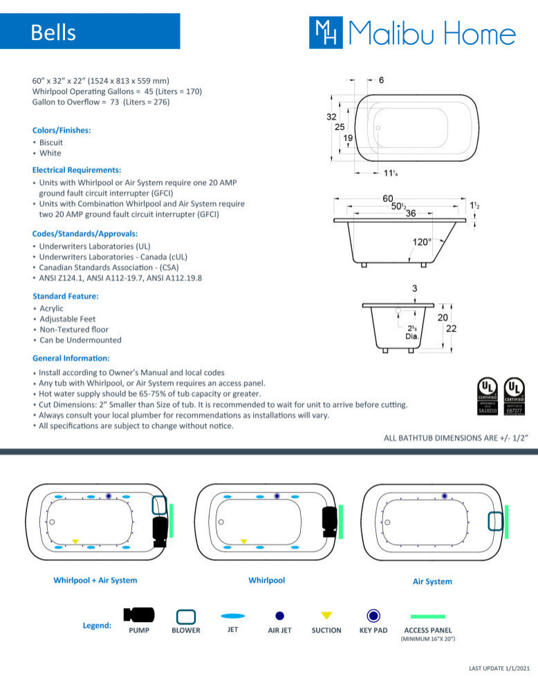 Malibu Bells Rectangle Combination Whirlpool and Air Bathtub 60x32x22 White