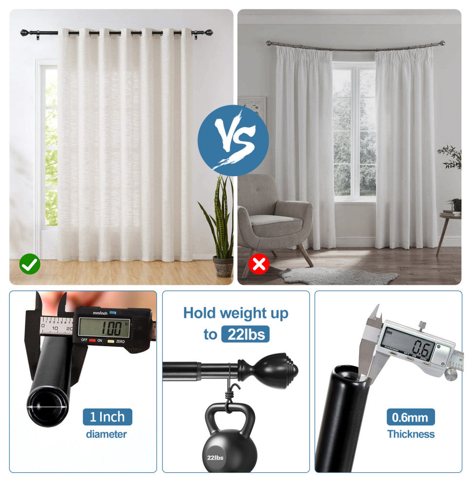1" Urn Drapery Curtain Rod, Black, 28"-48"