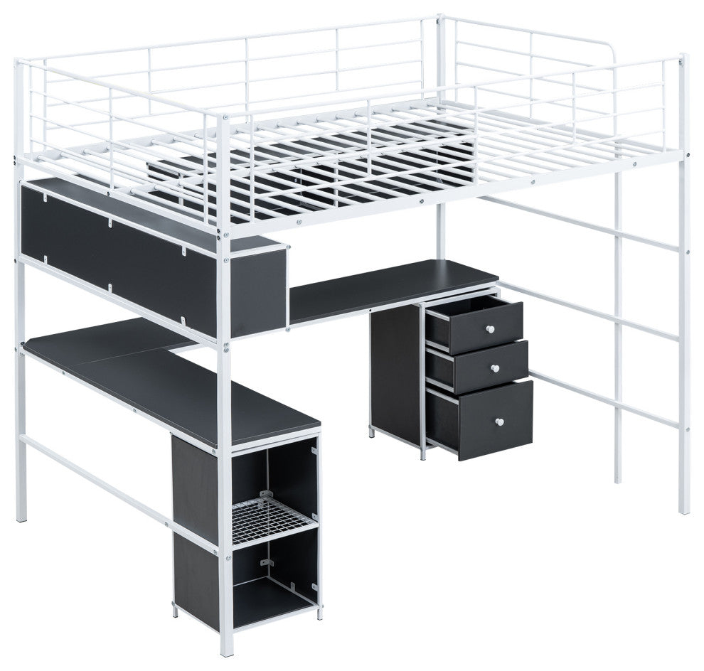 Gewnee Metal Loft Bed with bookcase, desk and cabinet, Full, White