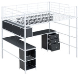 Gewnee Metal Loft Bed with bookcase, desk and cabinet, Full, White