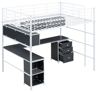 Gewnee Metal Loft Bed with bookcase, desk and cabinet, Full, White