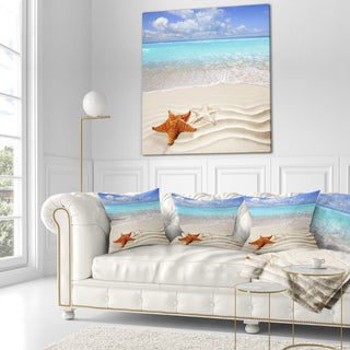 Brown Starfish On Caribbean Beach Seascape Throw Pillow, 16"x16"