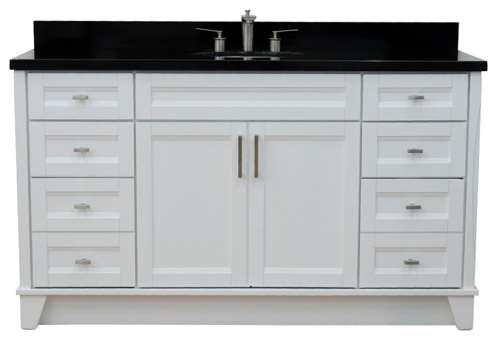 61" Single Sink Vanity, White Finish And Black Galaxy Granite And Oval Sink