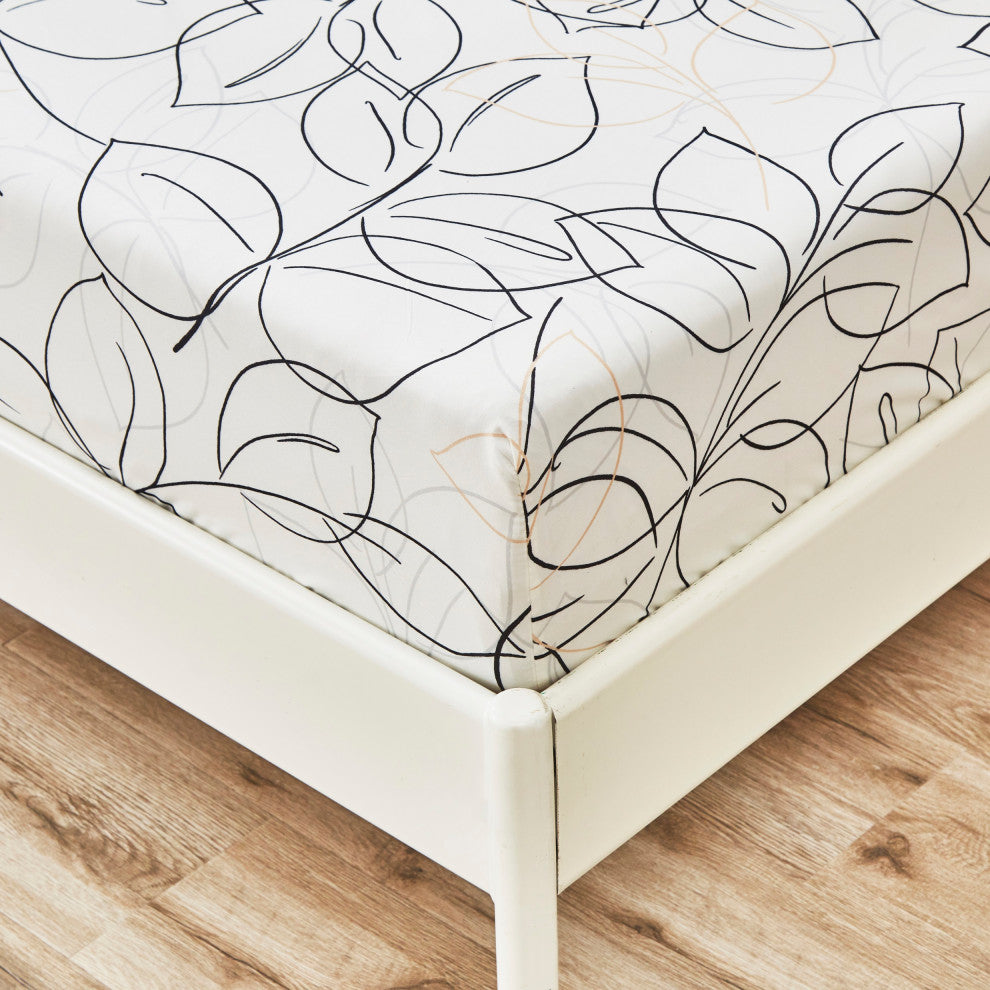 Tache Modern Leaf Foliage Abstract White Grey Black Bottom Fitted Sheet, Cal Kin