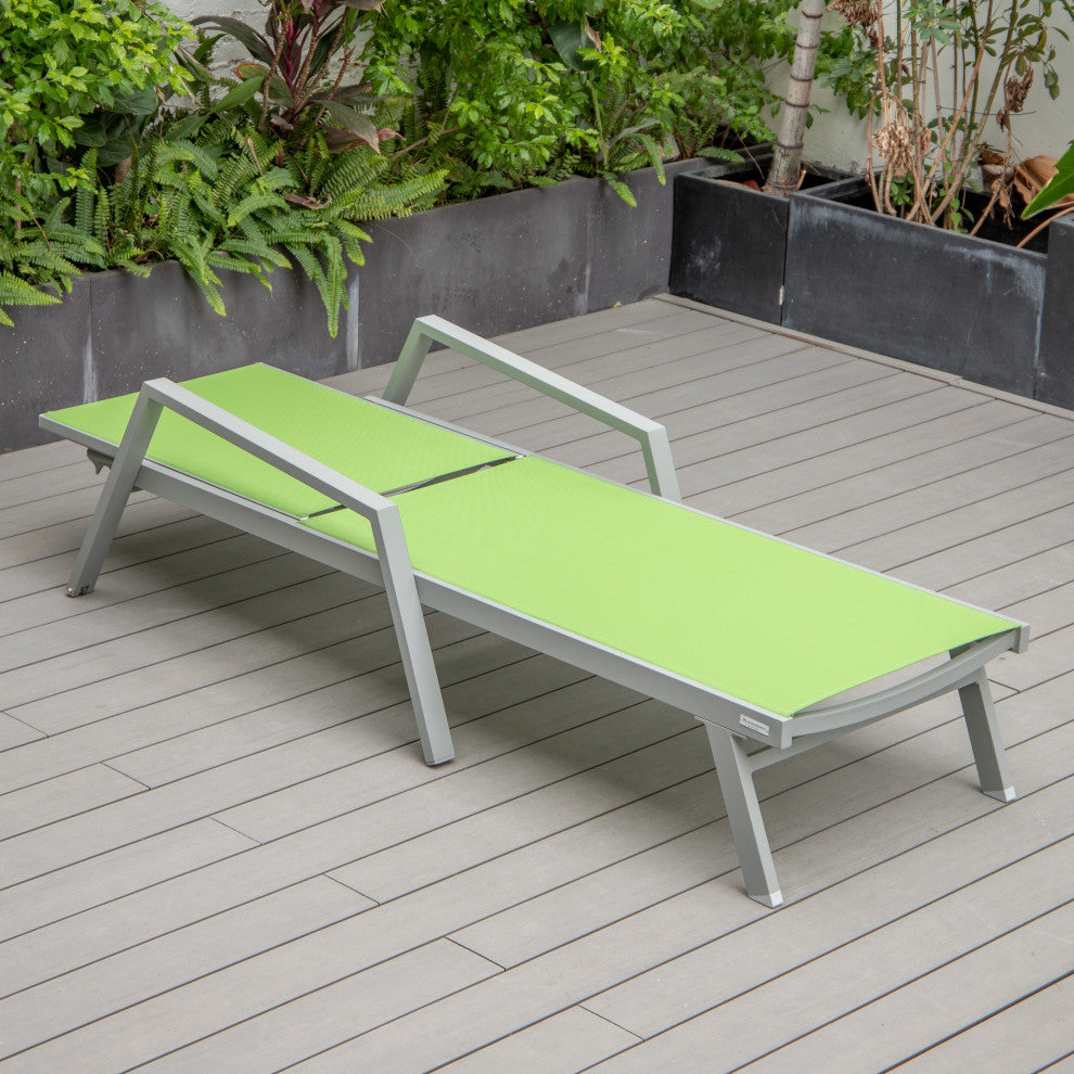 LeisureMod Marlin Patio Chaise Lounge Chair With Arms Gray Frame, Green