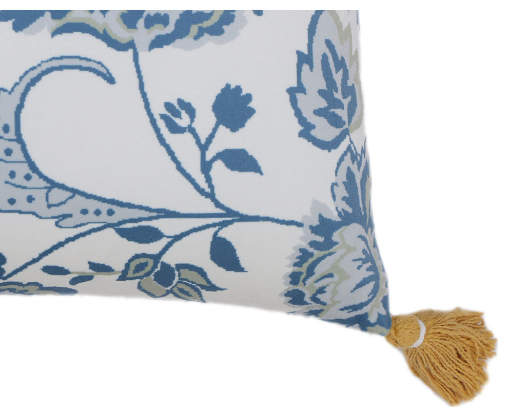 Blue & White Machine Woven with Tassels Nadine Throw Pillow, 16" x 26"