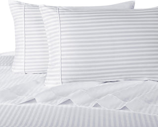 300 TC 100% Cotton Damask Stripe Sheet Set, White, Queen