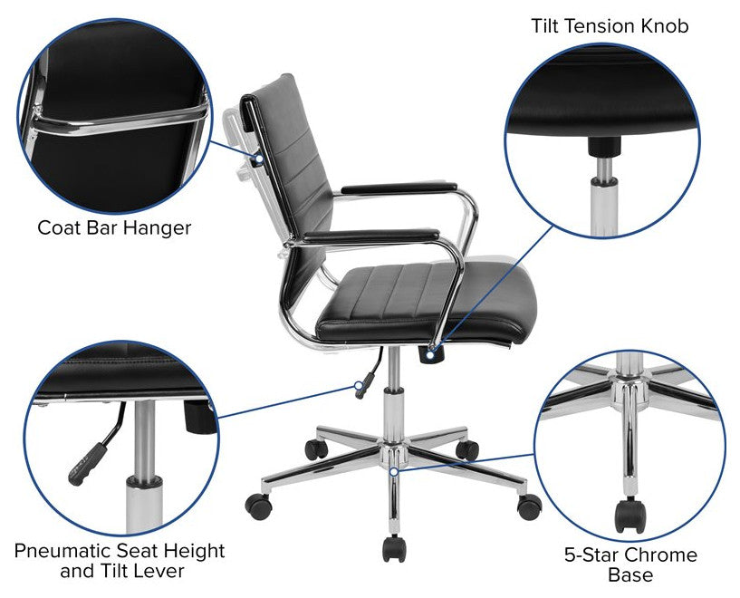 Hansel Mid-Back LeatherSoft  Ribbed Executive Swivel Office Chair, Black