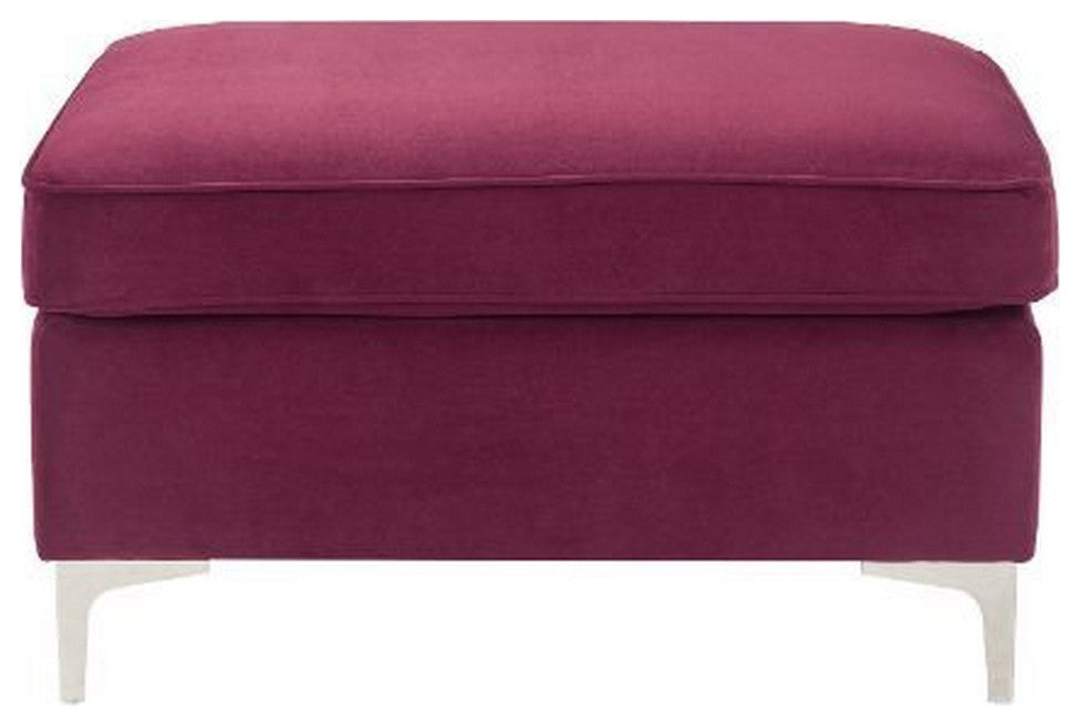 Benzara BM250602 Ottoman With Velvet Upholstery and Metal Legs, Red
