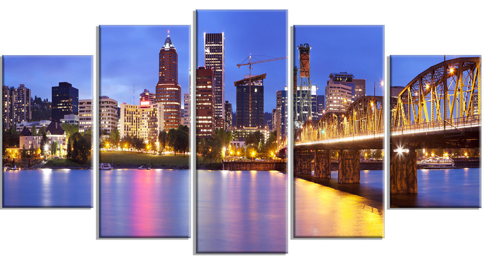Skyline across the Willamette River, Cityscape Canvas Print, 60"x32", 5 Panels