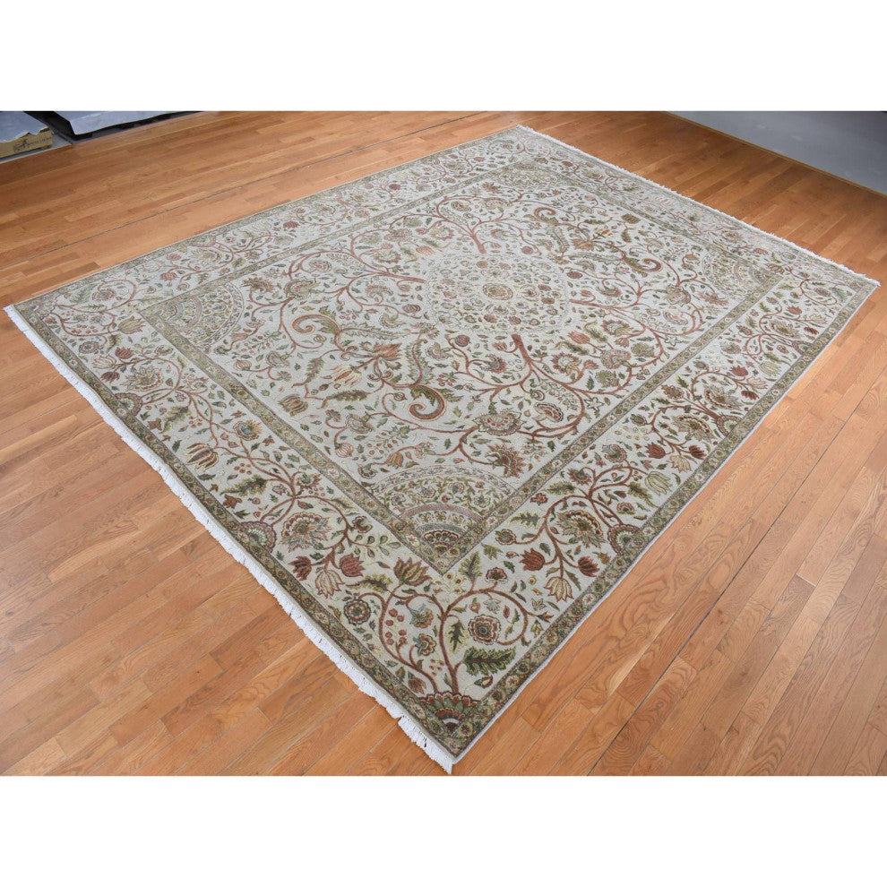 Gray Silk With Wool Mughal Inspired Branch Design Hand Knotted Rug 10'1"x13'9"