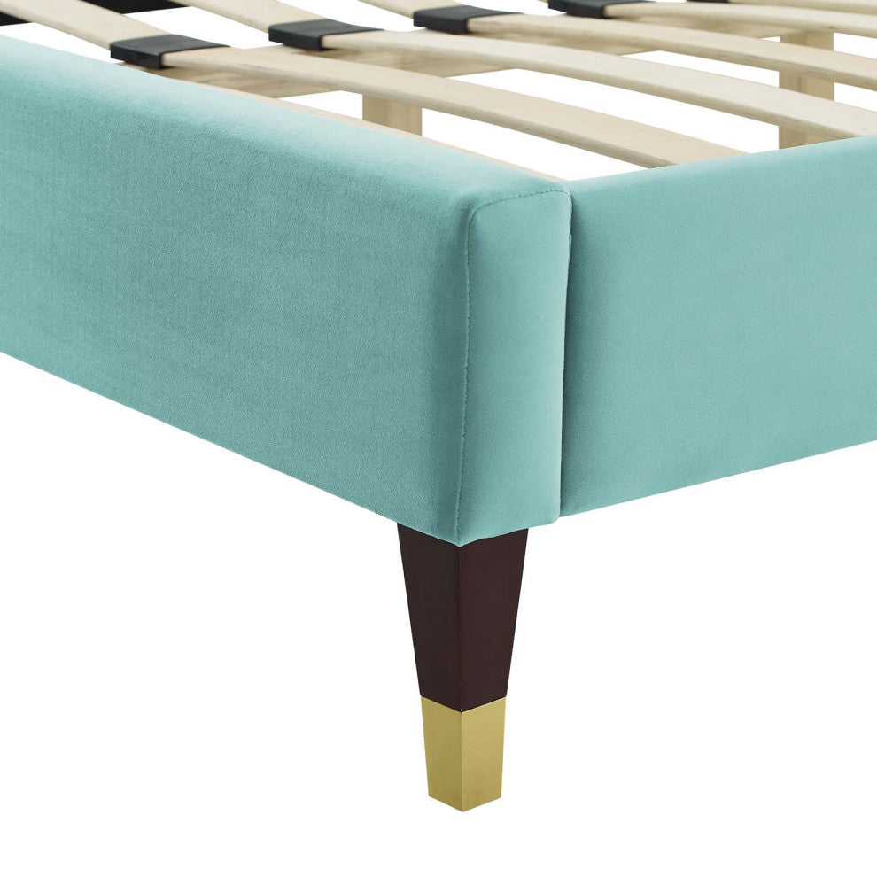 Tufted Platform Bed Frame, Twin Size, Velvet, Blue, Modern Contemporary, Bedroom