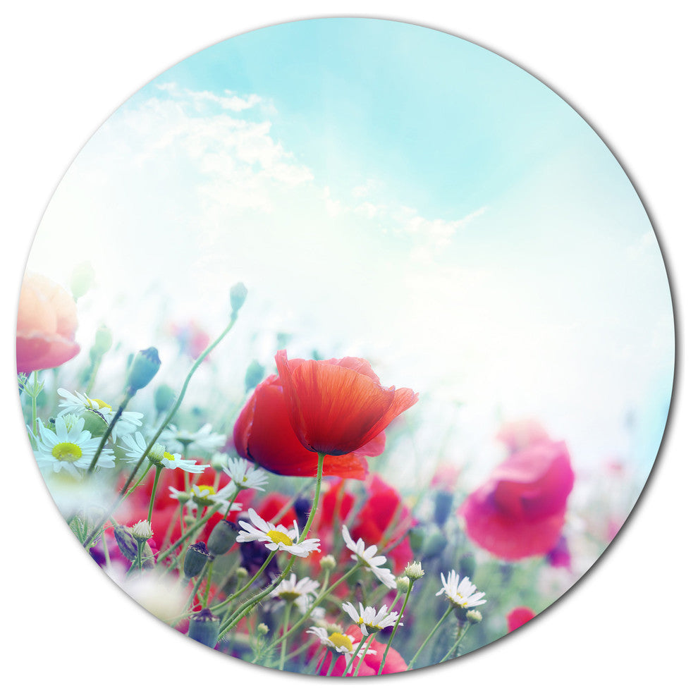 Red Poppies On Blue Background, Modern Floral Round Wall Art, 11"
