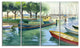 Boats in River Watercolor, Landscape Canvas Art Print, 48"x28", 4 Panels