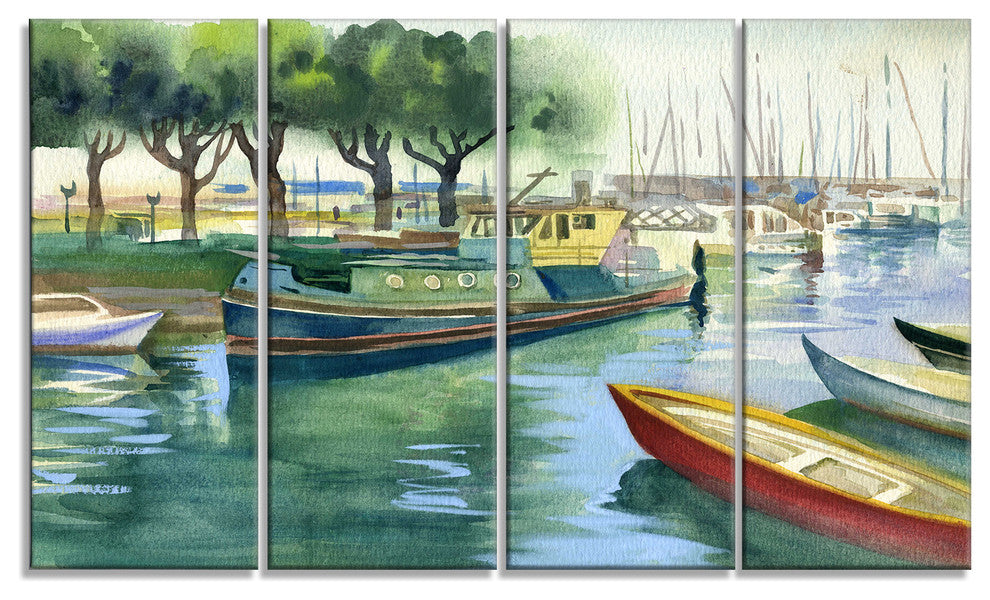 Boats in River Watercolor, Landscape Canvas Art Print, 48"x28", 4 Panels