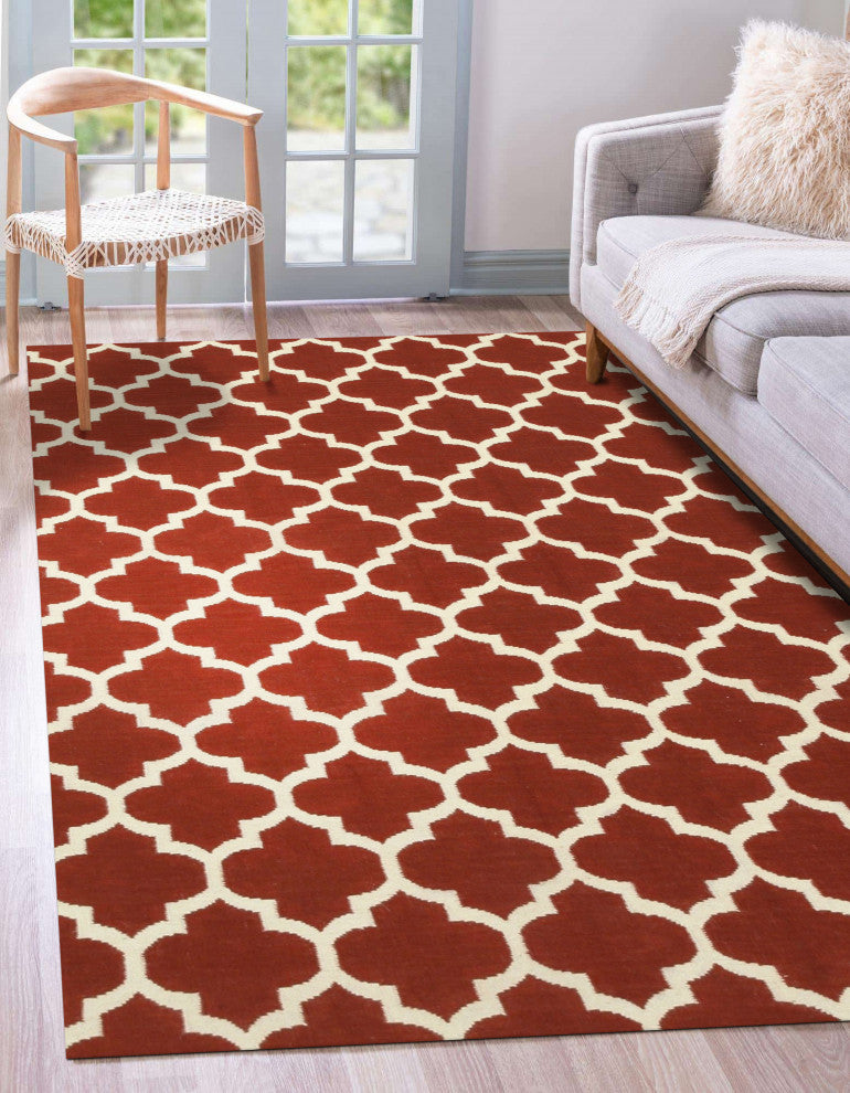 Handmade Wool Red Contemporary Trellis Flatweave Reversible Moroccan Rug, 5'x8'