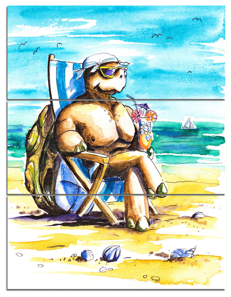 "Turtle Enjoying Holidays on Beach" Wall Art, 3 Panels, 28"x36"