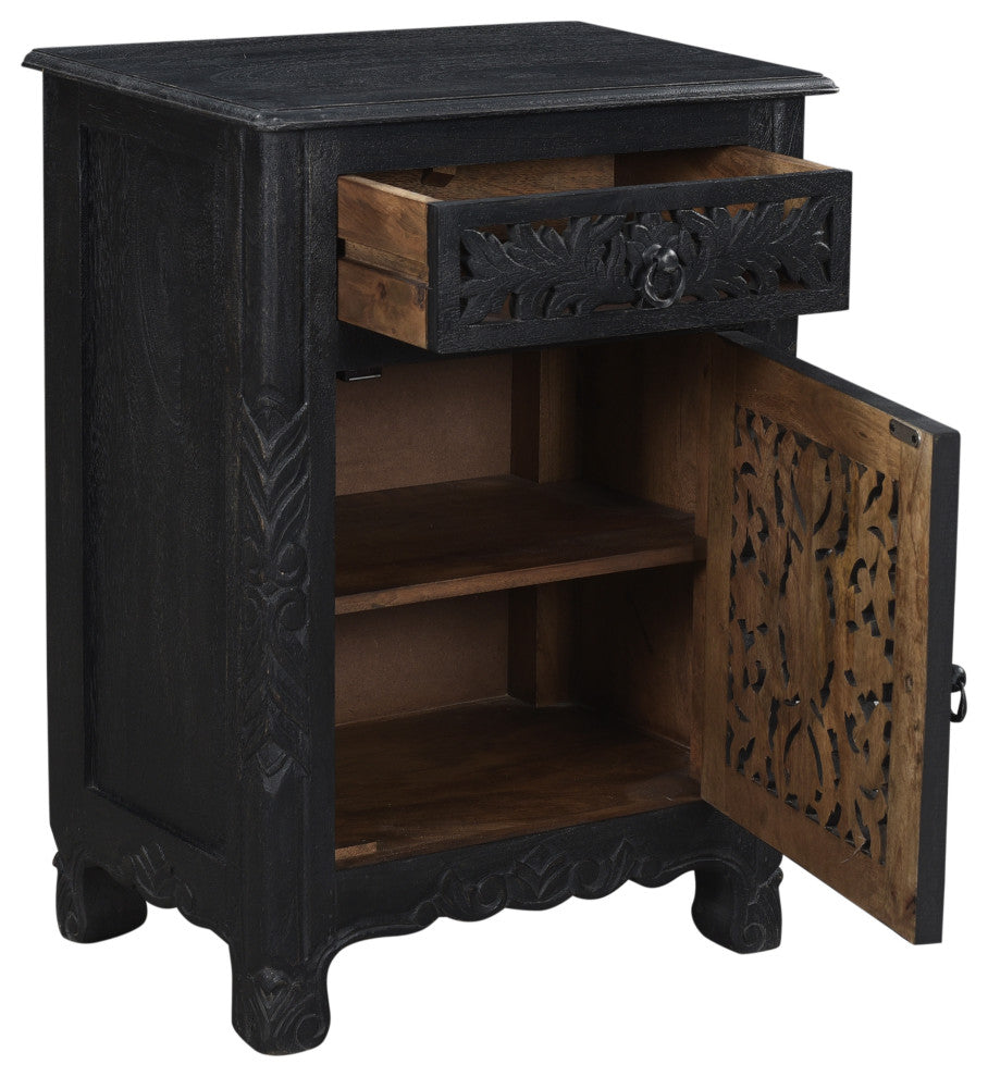 Delaney Carved 1 Door Nightstand, Distressed Black, Right
