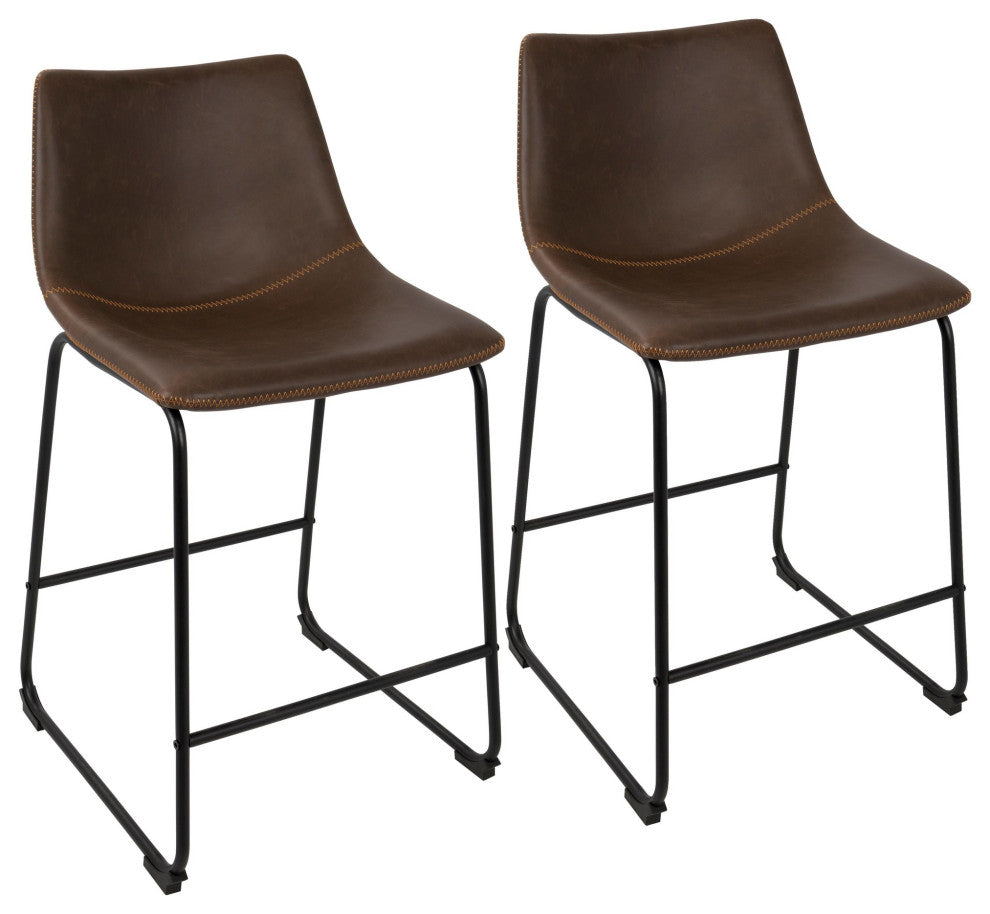 Duke Counter Stool, Set of 2, Black/Espresso/Orange Stitch