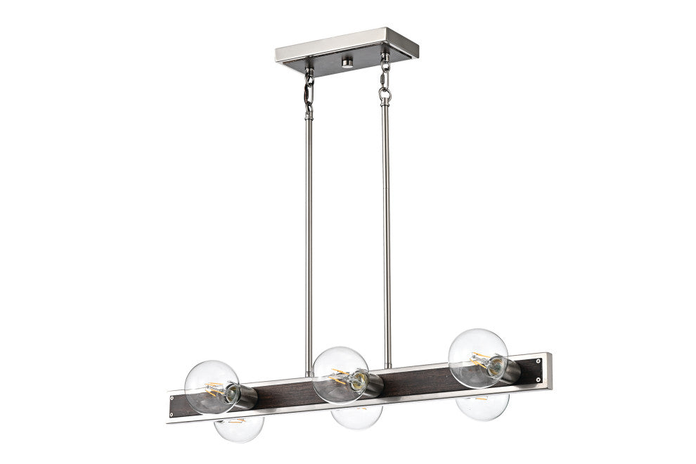 6-Light Brushed Nickel and Wood Finish Island Linear Industrial Chandelier