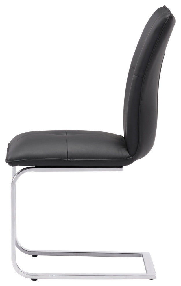 Dining Chair, Set of 2, Faux Vinyl Leather, Steel, Black, Chrome, Cafe Bistro