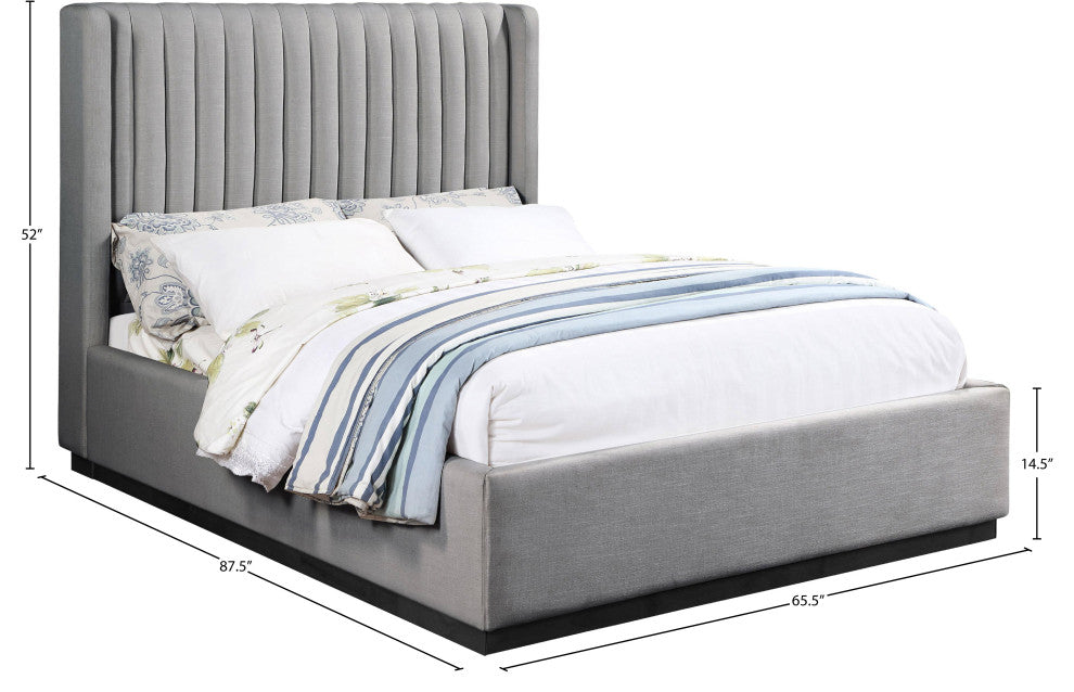Logan Beige Linen Textured Fabric Twin Bed, Gray, Queen