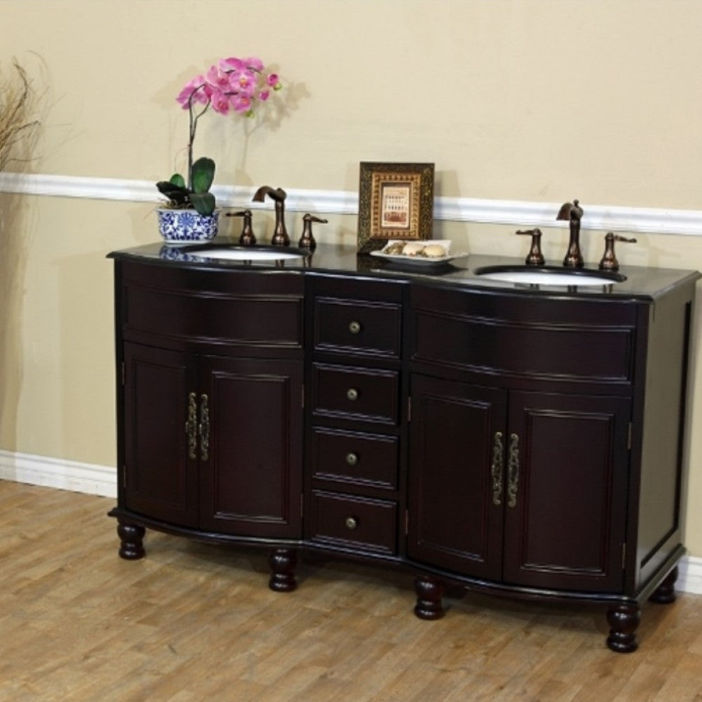62" Double Sink Vanity-Dark Mahogany-Black  Galaxy