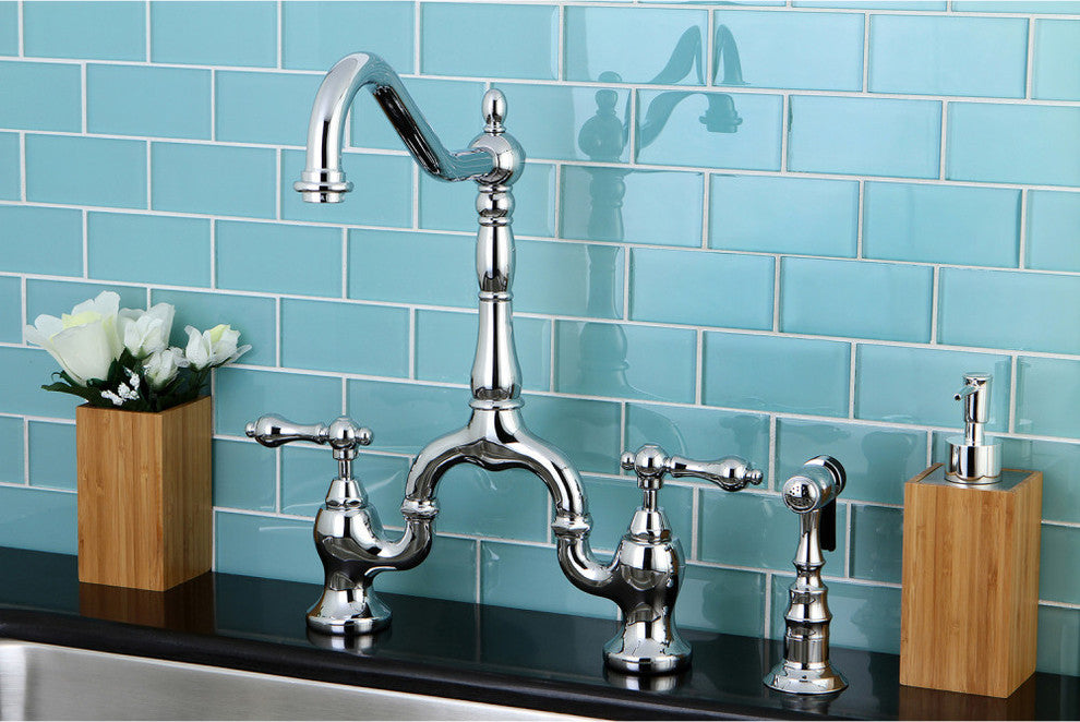 Kingston Brass Bridge Kitchen Faucet With Brass Sprayer, Polished Chrome