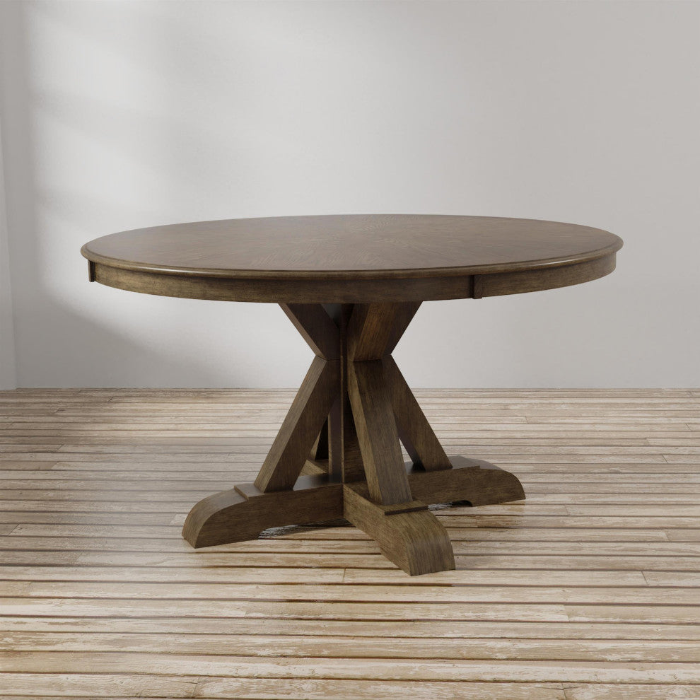 Furniture of America Kora Rustic Round Trestle Wood Dining Table in Light Oak