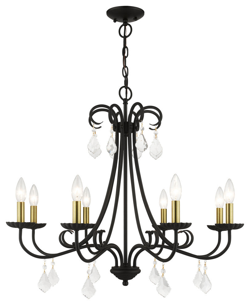 Daphne 8-Light Black Large Chandelier, Antique Brass Accents and Clear Crystals