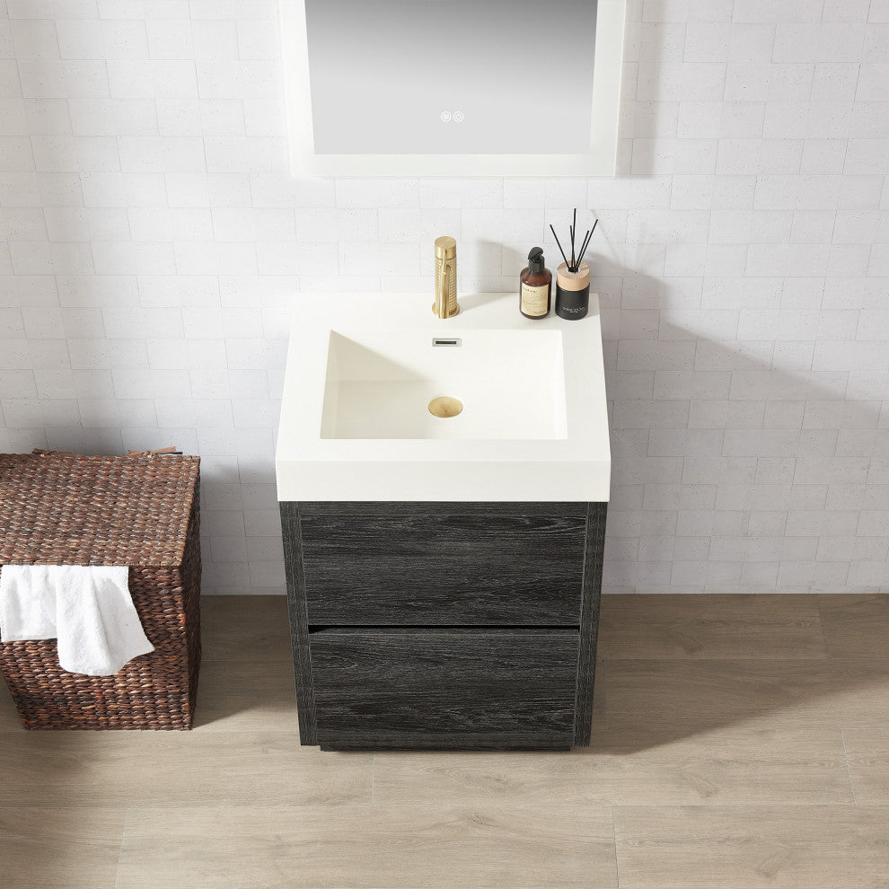 Huesca Bath Vanity, Integrated Sink Top, North American Black Oak, 24", Without Mirror