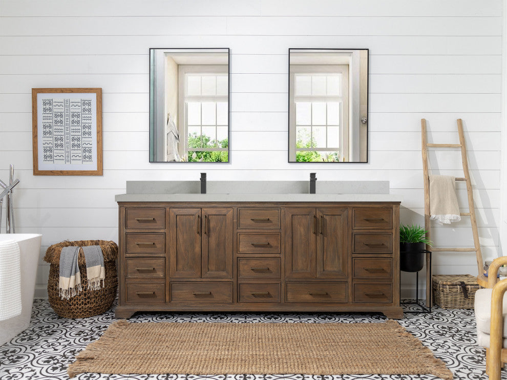 Charlotte Teak 84 Double Sink Bathroom Vanity Distressed Gray 2" Carrara Quartz